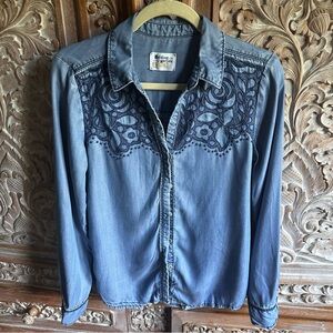 Anthropologie Blue Button Down Shirt with Embroidered Detail
